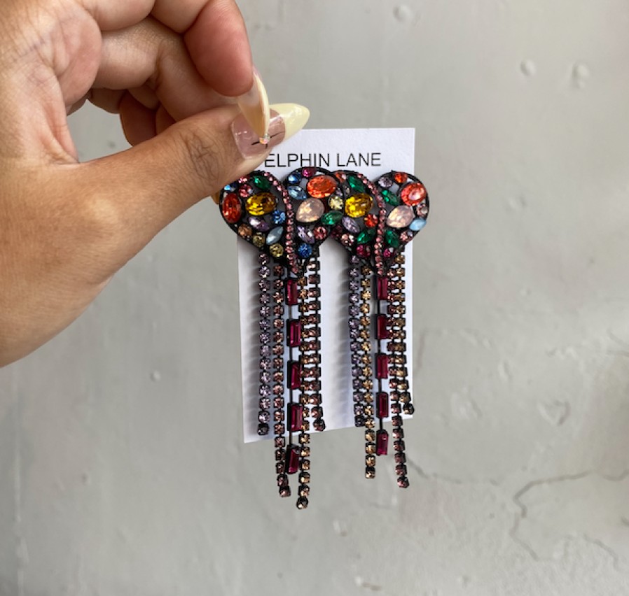 Jewellery Elphin Lane | Elphin Lane Heart Jewelled Tassle Earrings