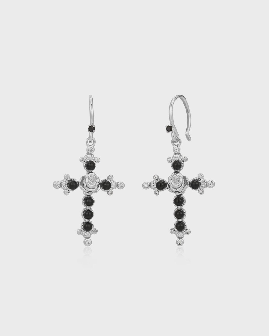 Jewellery Luv AJ | Luv Aj - Onyx Rose Cross Hoops Silver