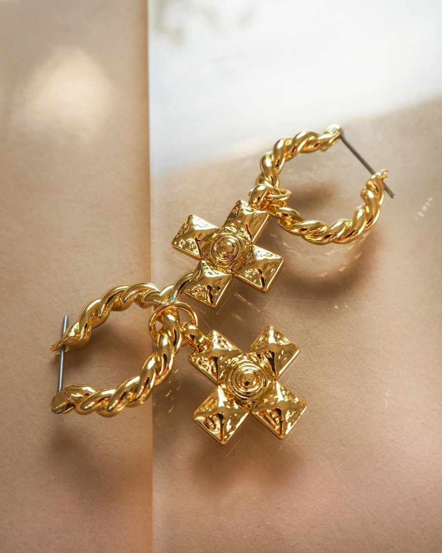 Jewellery Luv AJ | Luv Aj Molten Cross Twisted Hoops Gold